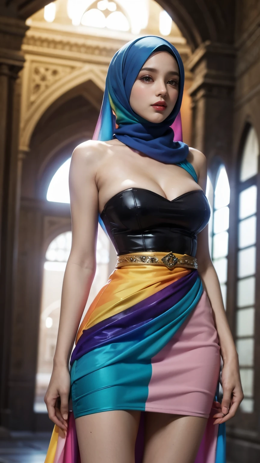 long hijab, sexy, short strapless dress, big breasts, breasts details, thigh straps, perfect hijab, inside mosque, (((colorful dress))), (((colorful)))