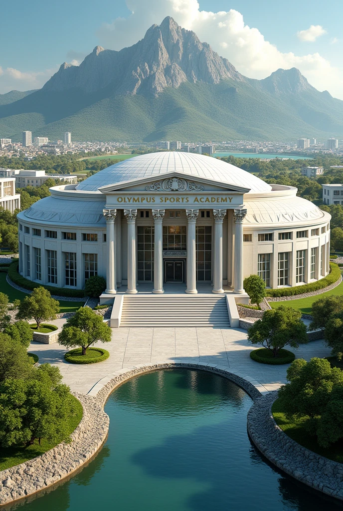 Create an infrastructure for a sports academy called Olympus, with the name prominently displayed on the academy. 