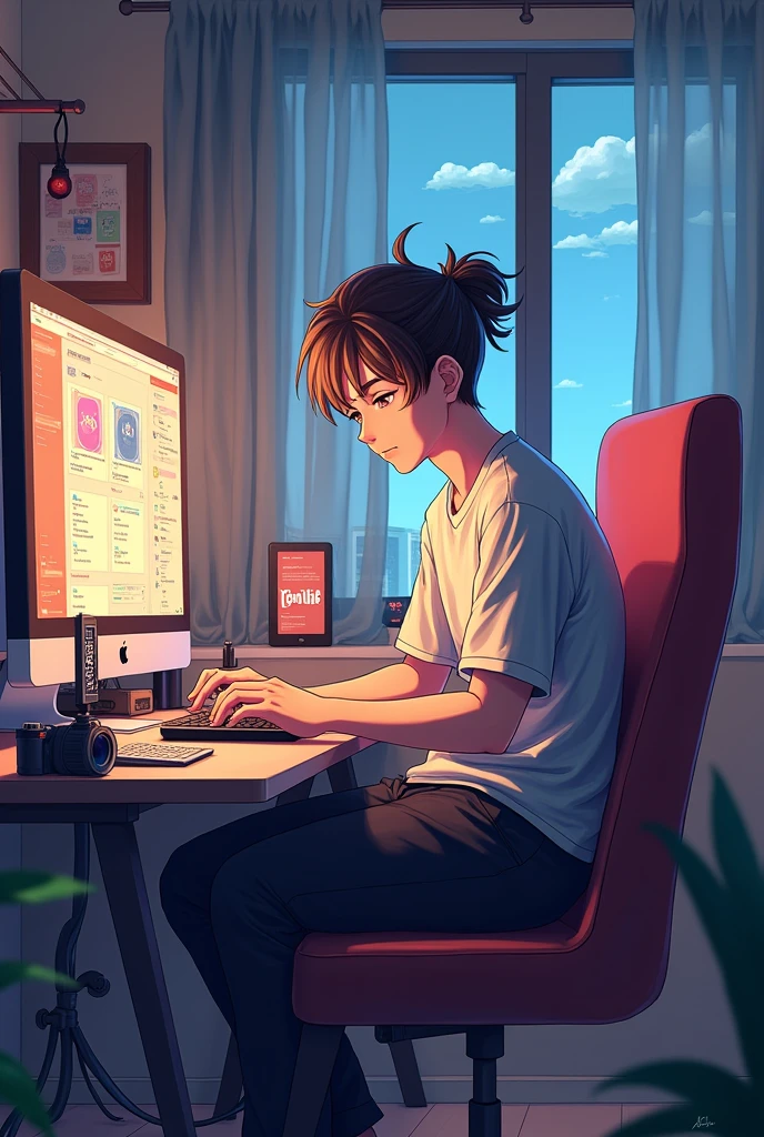 Anime boy character, tied hair, YouTube channel, room setup