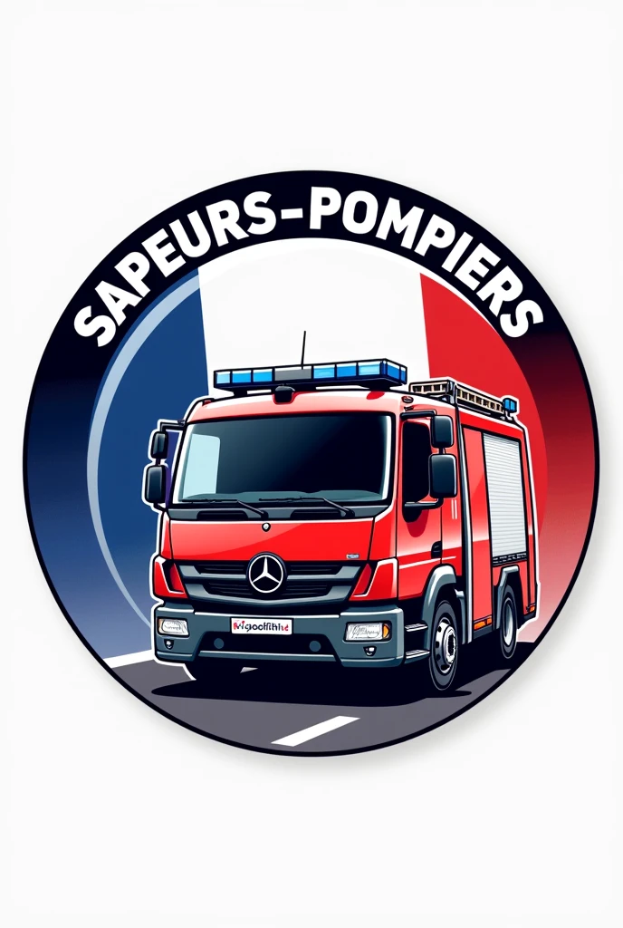  une image ronde avec un camion de pompier, un casque, le drapeau français en fanion et écrit "SAPEURS POMPIERS" . Style logo
