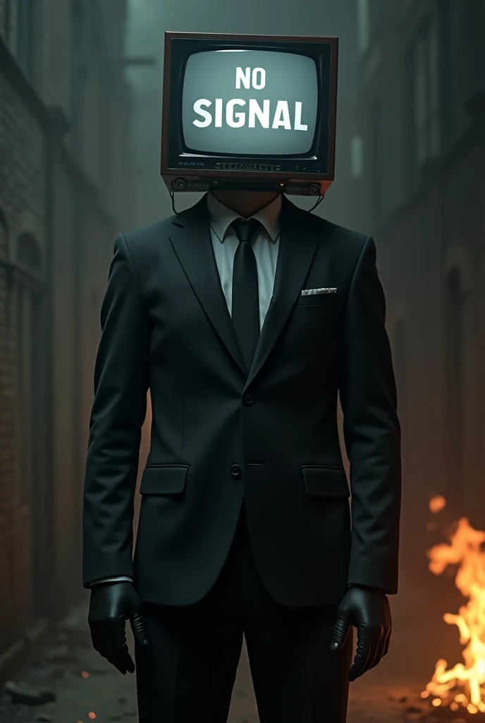 suited man that has tv as head, wears black gloves, his tv screen says "no signal", he is in a dark place and some fire in background