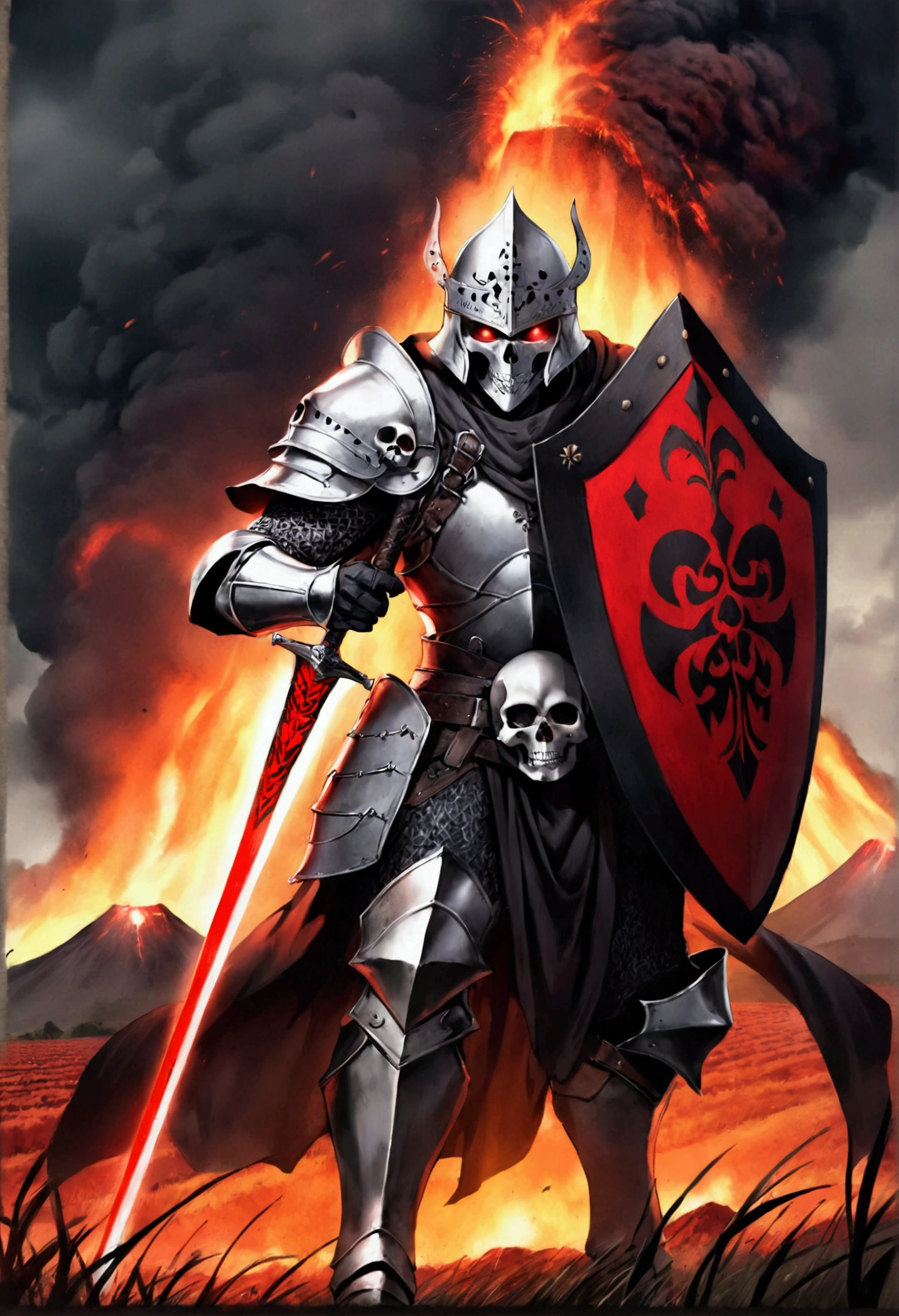 Dark Paladin, with silver skull helmet, with bright red eyes, very detailed, with giant shield strapped to his back, wielding a long sword in his left hand, with armor dark as night, in a field with a volcano erupting in the background, RPG style Devir, medieval style, photo realist 