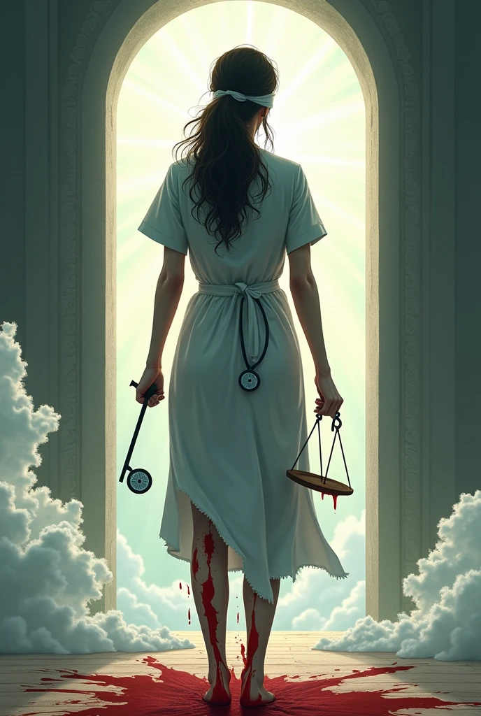 Female doctor wearing doctor's apron with stethoscope holding justice symbol on one hand and stethoscope in another hand, afraid and crying(blind fold), standing showing her back side infront of heaven door(typical cloudy and shiny heaven door), include indian tricolour flag. make it natural looking and tear her clothes like she got into road accident bleeding all over, Include indian tricolour flag
