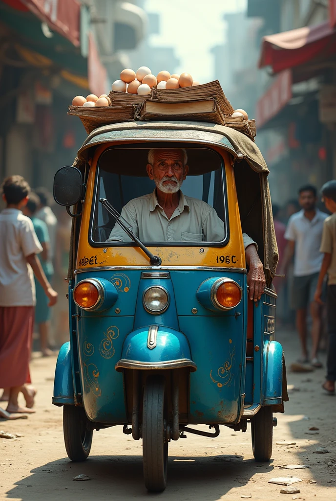 Blue auto three wheeler carrying books and eggs with 50 years aged man