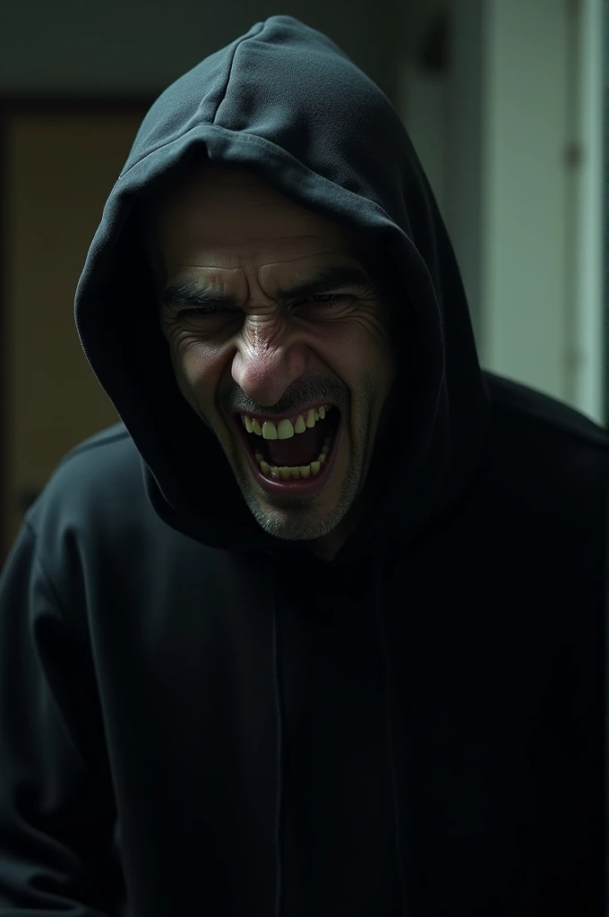 A creepy smart man wearing a black hoodie is looking ugly and laughing loudly.