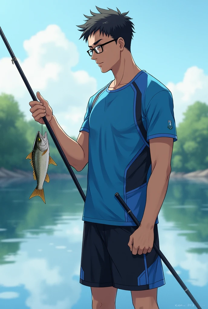 Tall man with black short hair, blue sun protection shirt, black shorts with blue details on the side, holding a fishing rod in his hand, with a lake in the background. He's holding a fish in his right hand and the rod in his left hand., He wears black eyeglasses