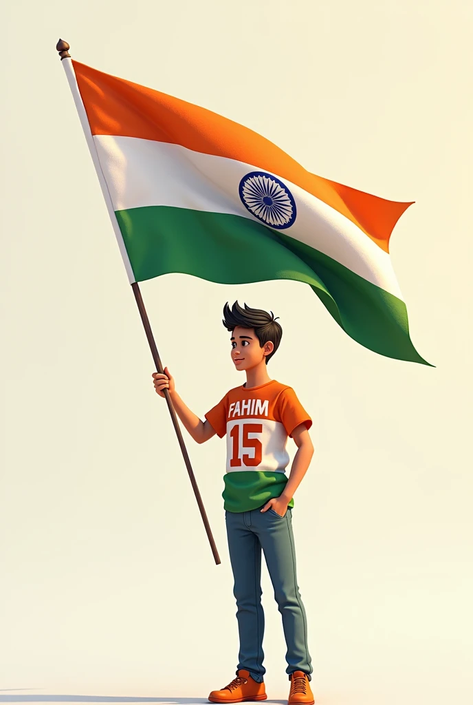  A 30 years old boy holding the national flag of Bharat and he is wearing a  shirt print is like Bharat flag and “Fahim” and 15 number and republic day in small written on it’s back in big and bold fonts, 3d illustration