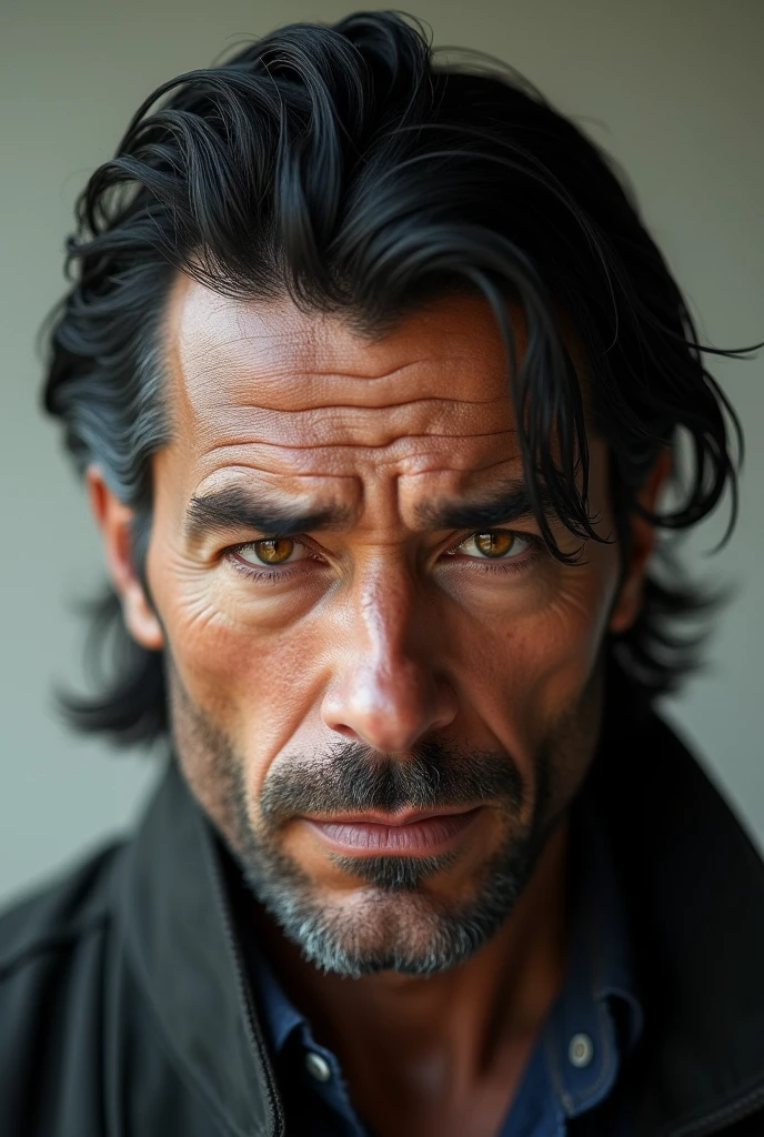 Male; black medium mullet hair; amber eyes; 30 years old