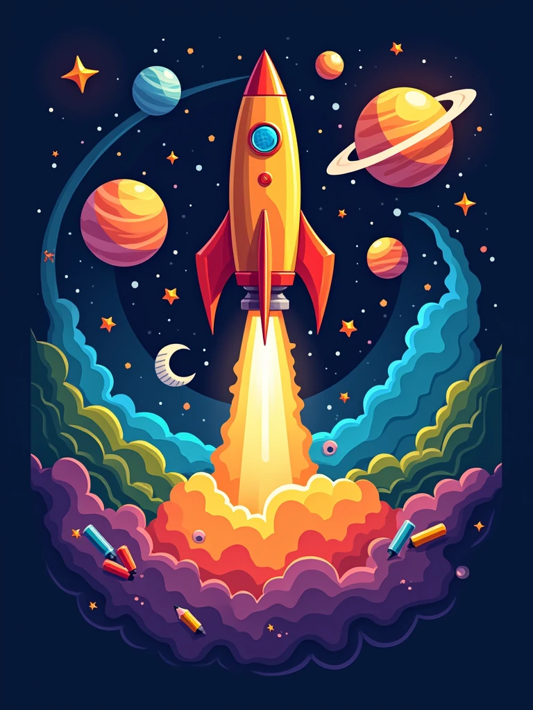 a logo with a stylized rocket taking off, surrounded by colorful planets and stars, include school supplies. use colors: dark blue, orange, purple and green.