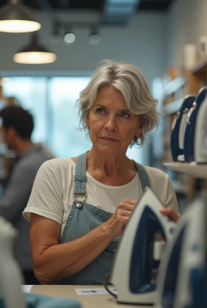 Create an image of a woman buying an iron.