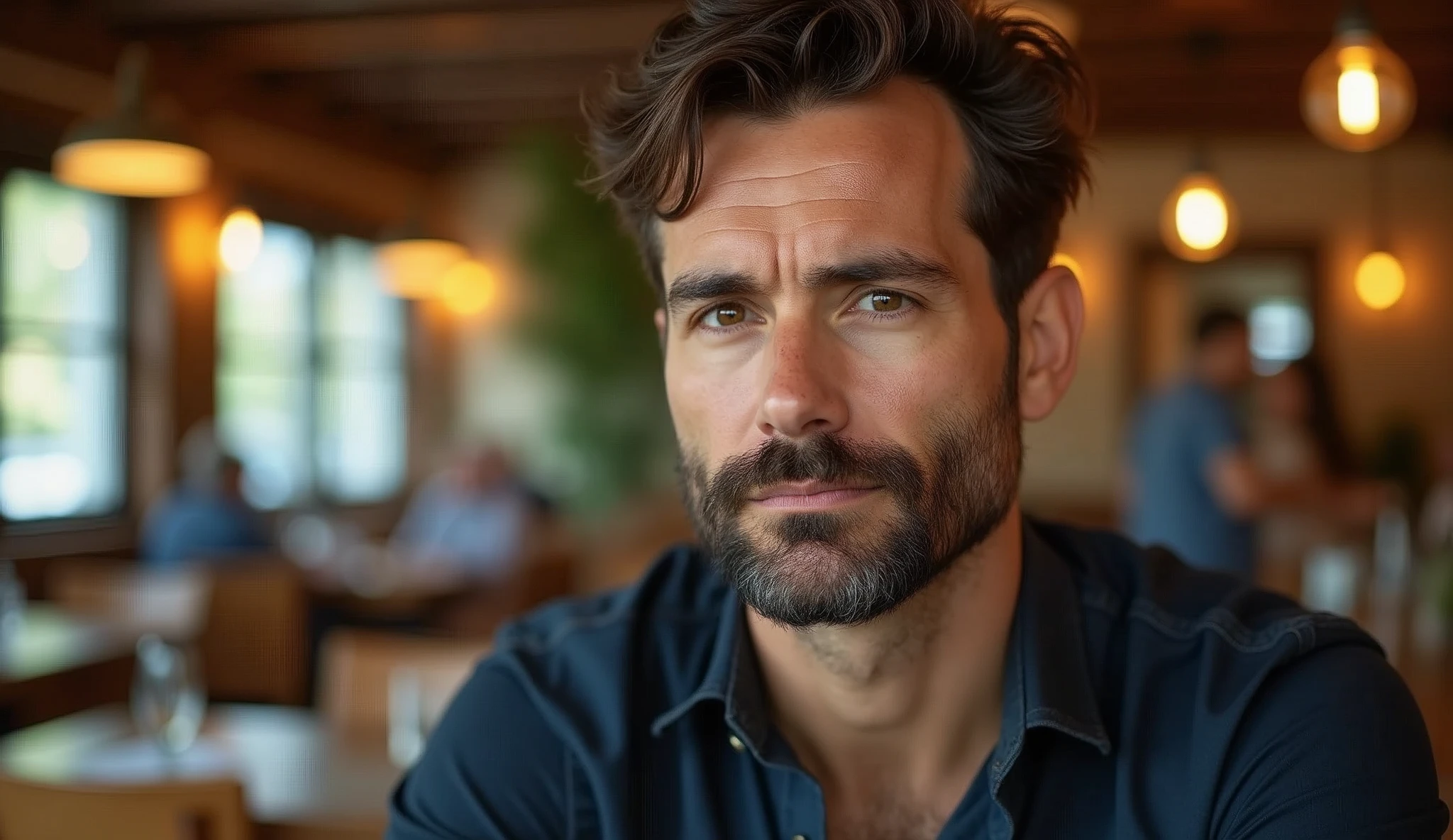 Create a real professional photo of a man in an indoor setting, suggesting a restaurant. The man should be slightly to the right of center, looking directly at the camera with a serious, thoughtful expression. He should have short, slightly wavy dark brown hair and a thin beard evenly distributed across his face. The lighting should be soft and from the left (from the viewer's point of view), evenly illuminating the man's face and creating subtle shadows on the right. The background should be a restaurant with blurred elements, including tables, chairs, bokeh pendant lights and some blurred people in the background to add depth to the image. Use a natural and warm color palette, with wood tones and soft lighting, creating a warm and vibrant atmosphere. The image should be of high resolution and professional photographic quality, with attention to detail and realism.
