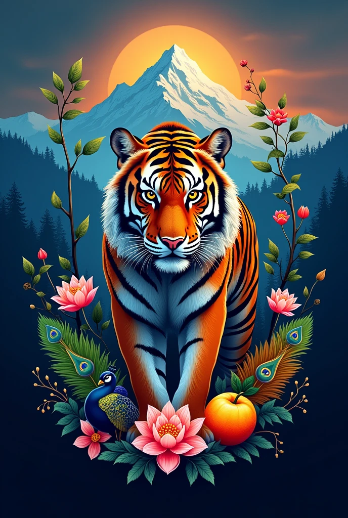 A logo with the combination of Center neon indian flag, royal bengal tiger, peacock, ganga river, lotus flower,banayan tree, mango, himalaya mountain and name written under it as SIDHARTHA 
