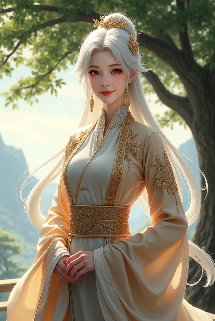 masterpiece, best quality, 1girl, solo, long hair, looking at viewer, smile, bangs, hair ornament, red eyes, long sleeves, dress, standing, collarbone, white hair, grey hair, alternate costume, wide sleeves, tree, chinese clothes, hairpin, hanfu, ningguang (genshin impact), Ningguang,  