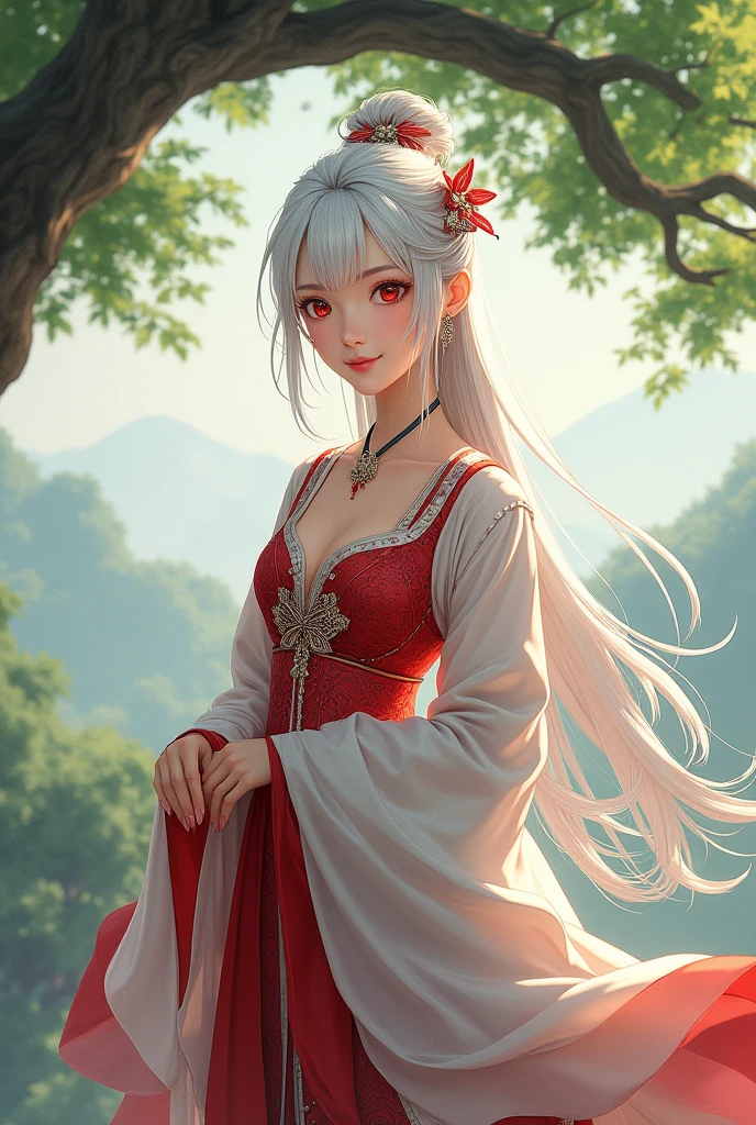 masterpiece, best quality, 1girl, solo, long hair, looking at viewer, smile, bangs, hair ornament, red eyes, long sleeves, dress, standing, collarbone, white hair, grey hair, alternate costume, wide sleeves, tree, chinese clothes, hairpin, hanfu, ningguang (genshin impact), Ningguang,