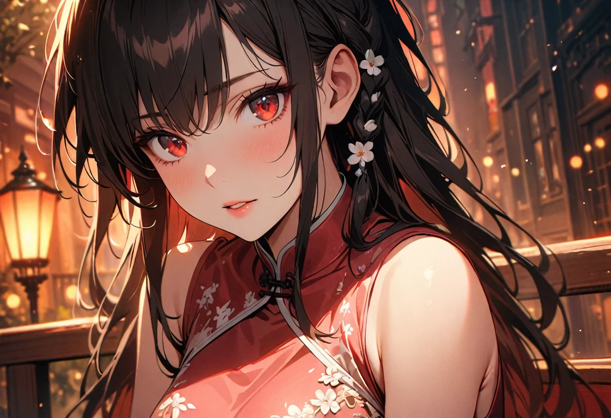 (best quality,4k,8k,high,masterpiece:1.2),ultra detailed,crona,red light street,girl,beautiful detailed eyes,beautiful detailed lips,extremely detailed eyes and face,long messy hair,white pink flower detailed dress , Chinese-style dress, close-up, sexy pose, bench, light particles, romantic atmosphere, attractive, provocative, seductive, powerful gaze, vintage atmosphere, warm color palette, soft focus, soft lighting, black hair, red eyes, long side braid,