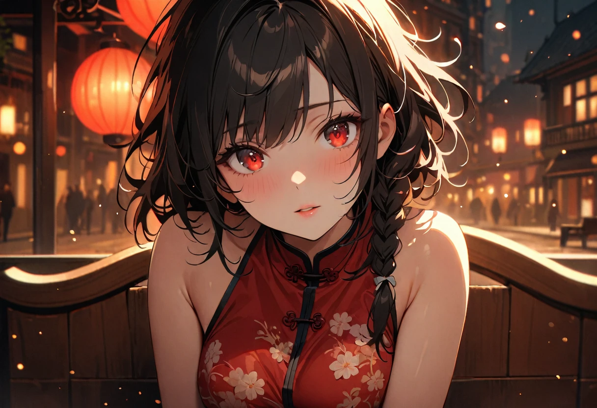 (best quality,4k,8k,high,masterpiece:1.2),ultra detailed,crona,red light street,girl,beautiful detailed eyes,beautiful detailed lips,extremely detailed eyes and face,long messy hair,white pink flower detailed dress , Chinese-style dress, close-up, sexy pose, bench, light particles, romantic atmosphere, attractive, provocative, seductive, powerful gaze, vintage atmosphere, warm color palette, soft focus, soft lighting, black hair, red eyes, long side braid,