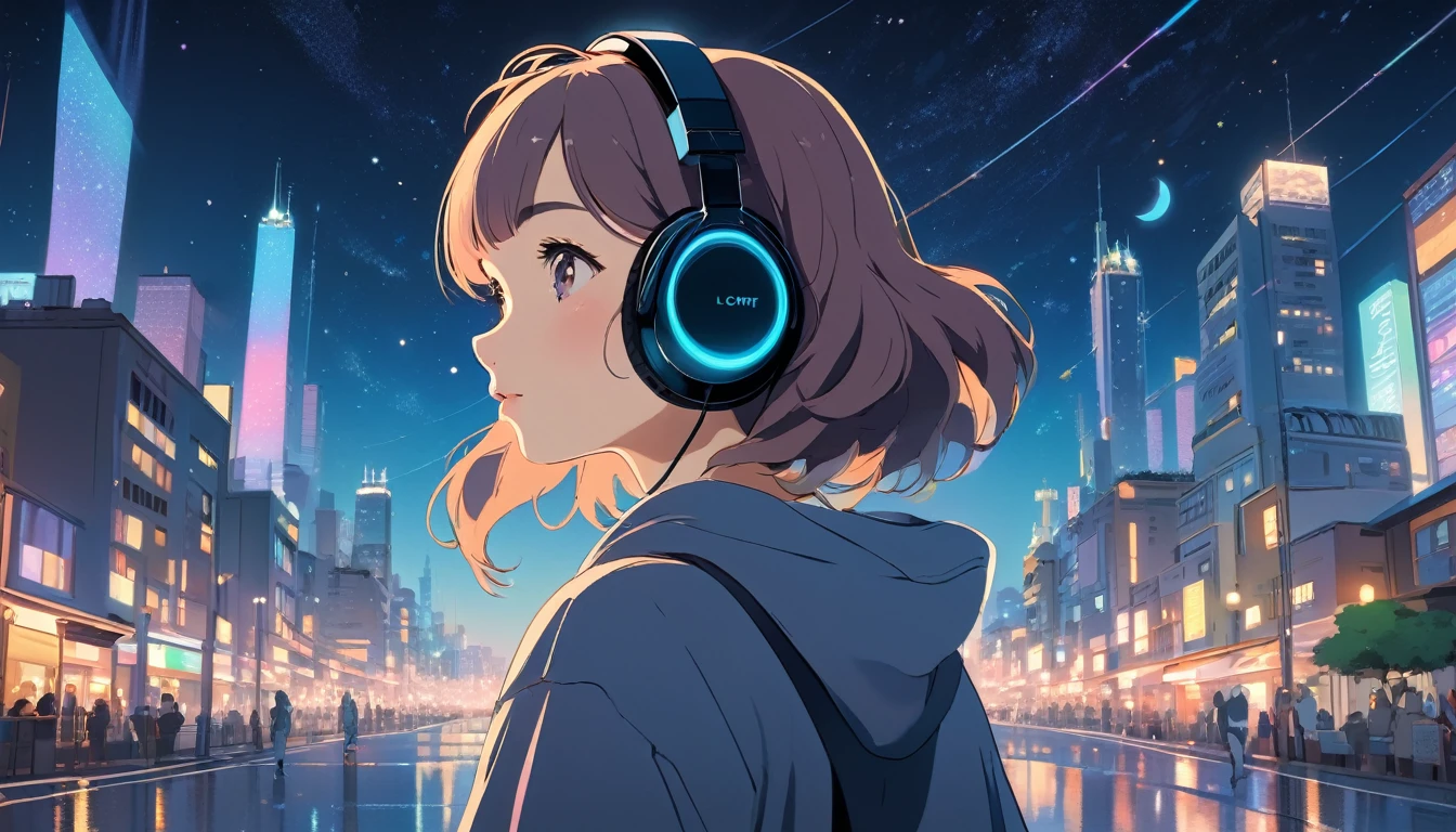 A woman wearing headphones, City of night、Wide-angle lens, Lofi Anime, Lofi illustration, Aesthetic atmosphere, Lo-Fi Style, Vector art, Flat Design, Simple shape, Warm tones, Pleasant atmosphere, Chill, In anime style, Digital drawing, Vector art, Vector logo for t-shirt printing, (Adorable:1.5), (small:1.4), (Playful:1.2), (soft:1.3), (Whimsical:1.1), masterpiece, Highest quality, 8k, Intricate details, grow, Celestial, Mysterious, Picturesque, amazing, Majestic, Magic, Fantasy art, Cover art, dream-like