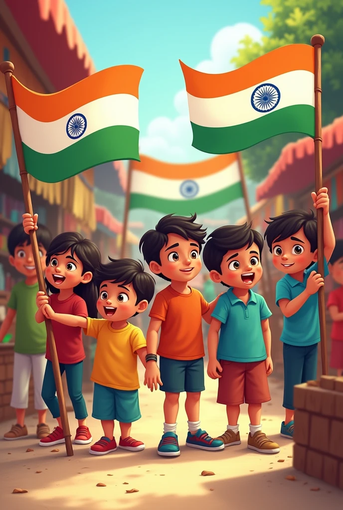 A group of animated children standing to buy indian natinal flag with respect with 9:16 aspect ratio photo
