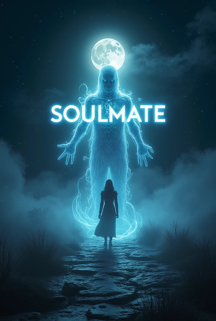 There is a ghosty, fantasy le "SOULMATE" over the jeep. There is a black dark night, some ghosty atmosphere, magical smoke in the air. A 3D, fantasy, adventure, realistic and aesthetic poster.