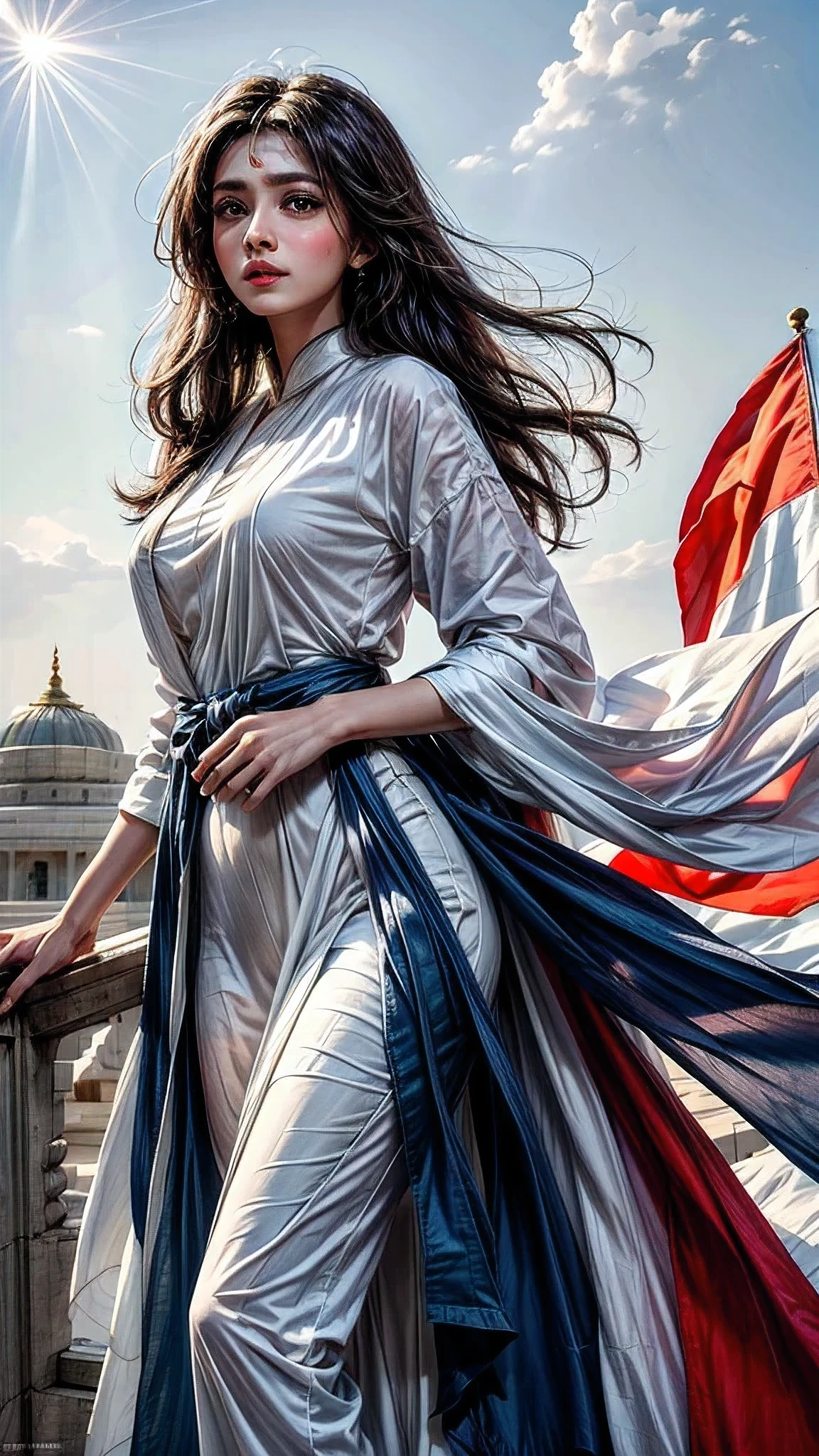 Indian woman, exuberant expression, marking 78th Independence Day, prominently placed before unfurled Indian flag, attire consists of corporate white salwar kameez, unrestricted open hair, vibrant tricoloured dupatta flowing, embodiment of liberation, absence of jewelry, natural light, ultra clear, digital painting.