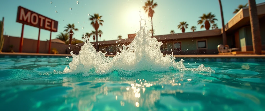 "Create a hyper-realistic 8K image from a first-person perspective, as if the camera is partially submerged in a pool. The view should be split: bottom half underwater, top half above. In the immediate foreground, capture dramatic water splashes rising towards the camera, creating the illusion that the viewer is diving into the water. Cover parts of the 'lens' with water droplets to enhance this immersive effect.

Underwater: Show crystal-clear turquoise pool water with visible pool tiles.
Above water: Frame a run-down Mexican motel in the background, surrounded by cacti. Include a weathered sign if possible.

Use golden hour lighting to illuminate the scene, creating a warm, slightly eerie atmosphere. Emphasize the contrast between the underwater clarity and the golden light above. The splash should be the focal point, with intricate details of water droplets and light refraction.

Maintain sharp focus throughout, especially on the water splash and droplets. Aim for a raw, cinematic style with a strong depth of field.