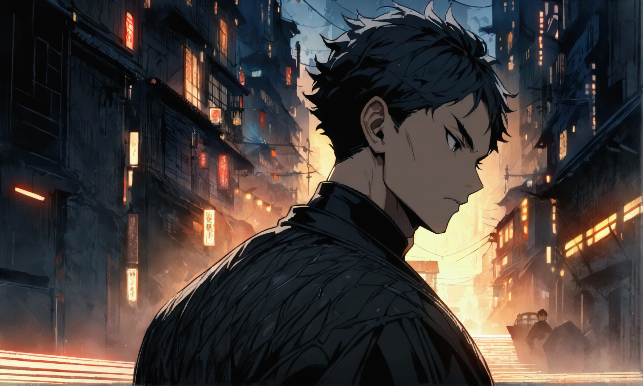 Muscular man, messy big dark blue hair, black eyes, dark style black outfit, serious look, ((Intricate anime character design inspired by Haikyuu)), ((stunning lighting)), ((fine lines)), ((stunning focus)), ((stunning face)), ((detailed focus)), ((detailed background)), ((ultra-fine 2D design)), ((scenery bathed in creativity)), ((2D masterpiece)), ((best quality), ((8K)), ((anime style))