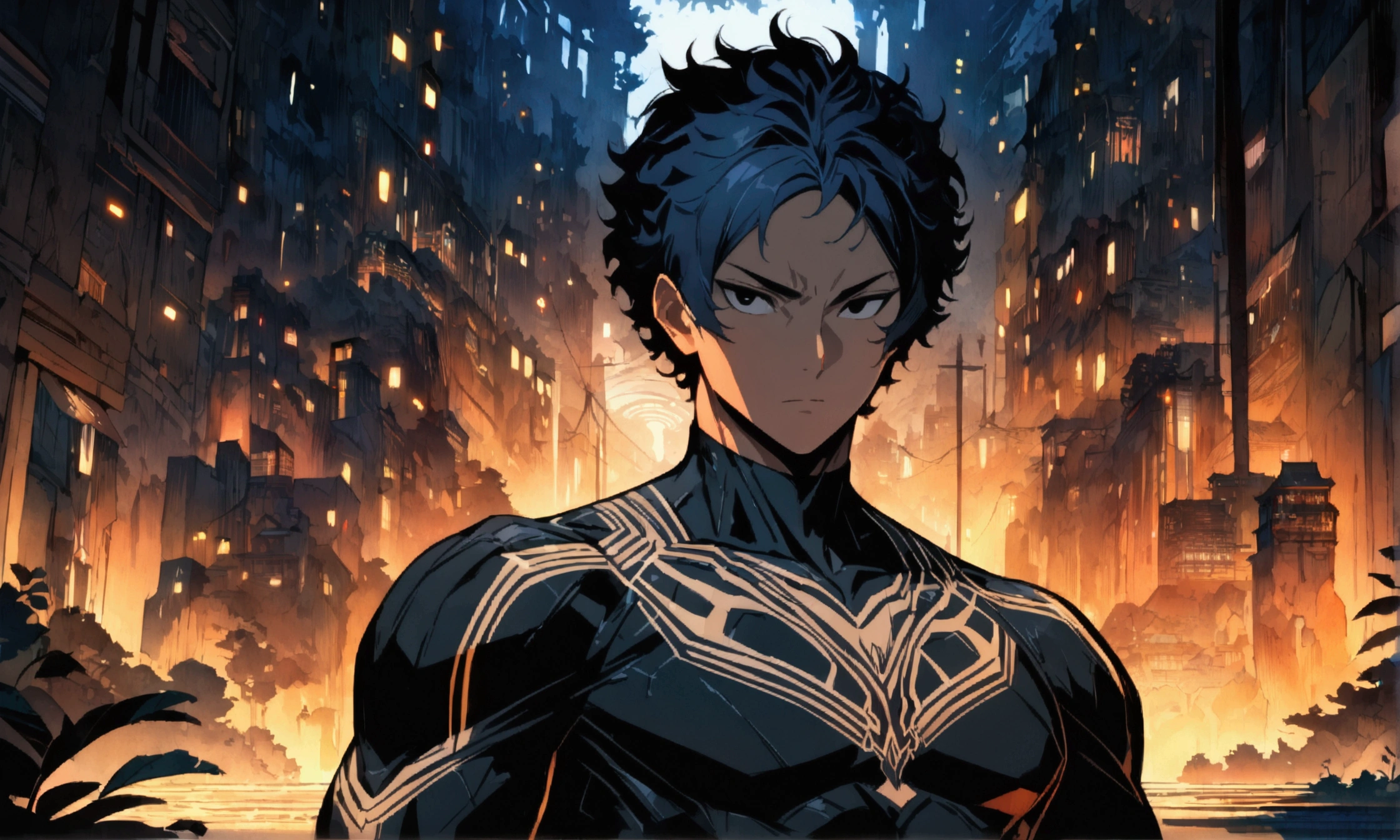 Muscular man, messy big dark blue hair, black eyes, dark style black outfit, serious look, ((Intricate anime character design inspired by Haikyuu)), ((stunning lighting)), ((fine lines)), ((stunning focus)), ((stunning face)), ((detailed focus)), ((detailed background)), ((ultra-fine 2D design)), ((scenery bathed in creativity)), ((2D masterpiece)), ((best quality), ((8K)), ((anime style))