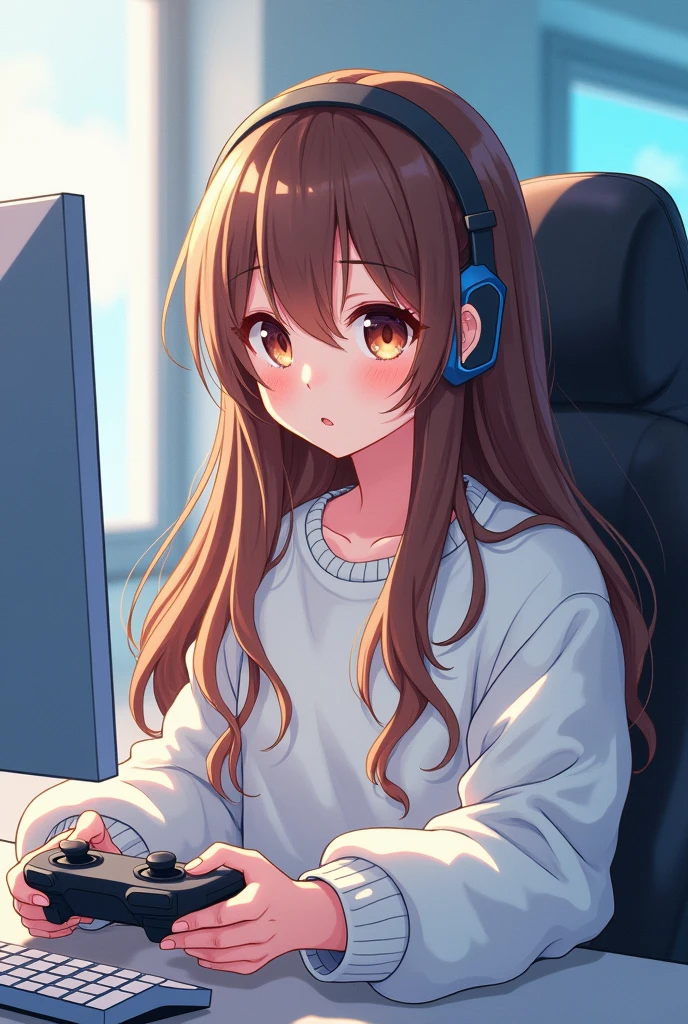 A brown-haired, white-skinned anime girl with long hair wearing a white sweater, sitting in a gamer chair, playing a game with a controller on a white PC. 
