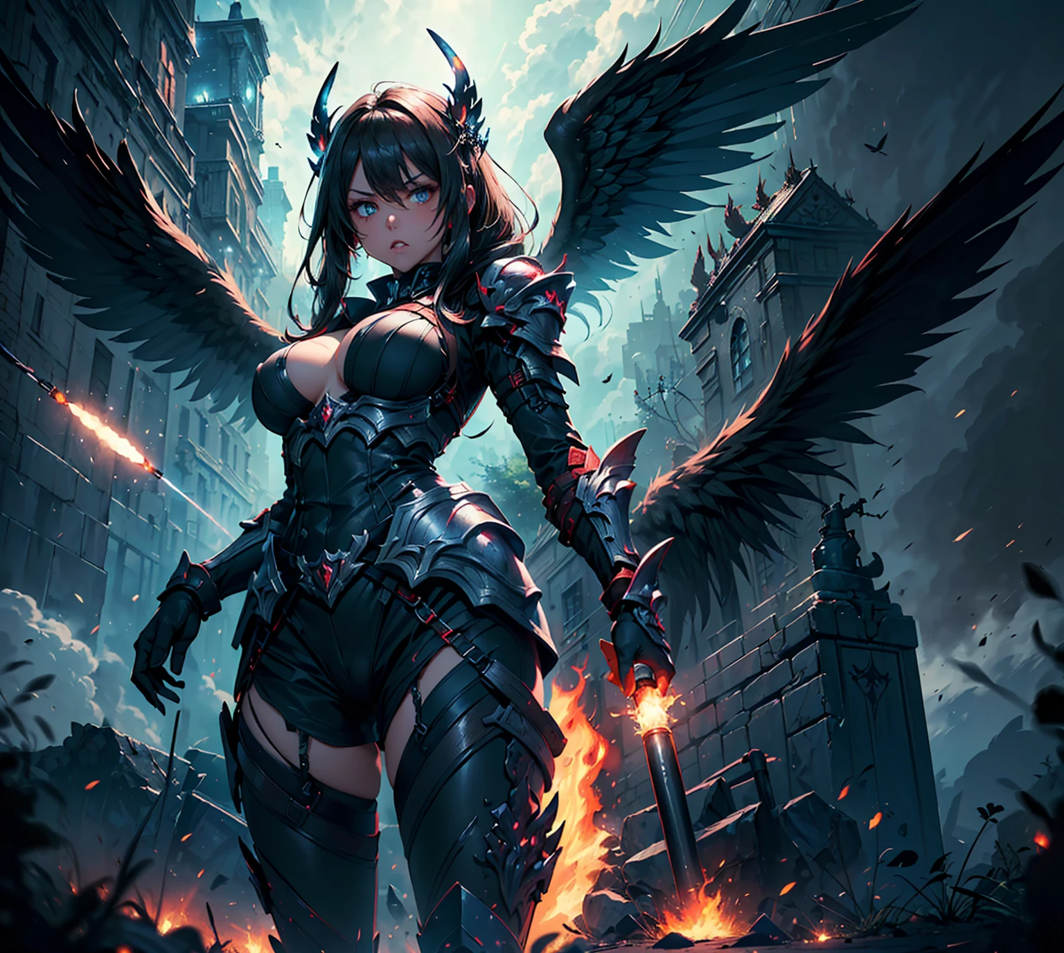 (((work of art, best qualityer, highy detailed, 8k))) Design a storefront layout Game Character, (1 girl). blackw+Dark Crimson Armor, elegant and unique. ((missiles:1.4)), Cursed Sword. (work of art:1.2), (best qualityer), 4K, ultra detali. (luminous lighting, atmospheric lighting). dark warrior, ((six wings of shadow and fire)), ((glove full-featured hands)), (((revealing clothing:1.3))), Clamps, armored pants, (((full-featured_cos_outlet:1.4))). {In an infernal realm}. (((extremely imposing presence, Black flames, super strong, incrivelmente lindo com missilesdura escura))).