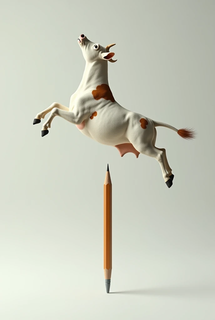 A white cow with its brown spots, in flight position on top of a pencil