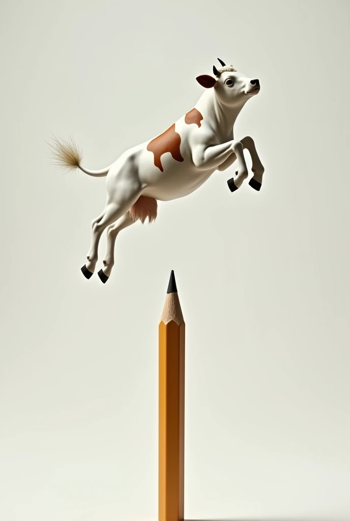 A white cow with its brown spots, in flight position on top of a pencil