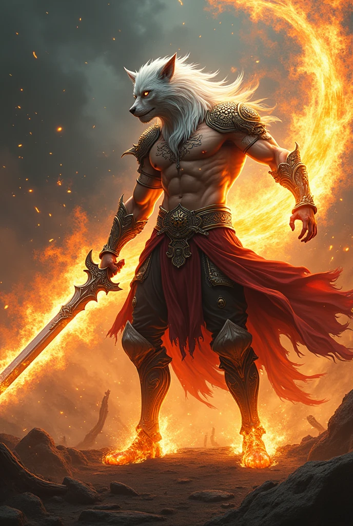 Golden eyed white hair werewolf like swordsman with sun breathing technique which focus on flame manipulation on battlefield. 