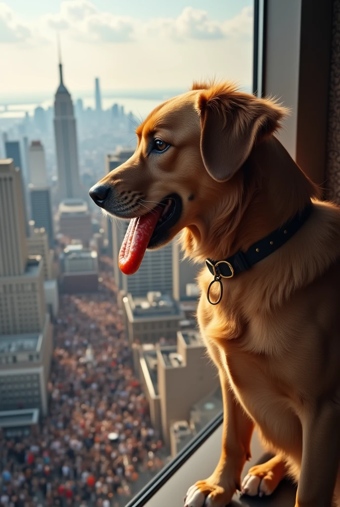 The dog in the doghouse on the skyscraper is finishing off a salami sausage and looking down at the crowd of people.