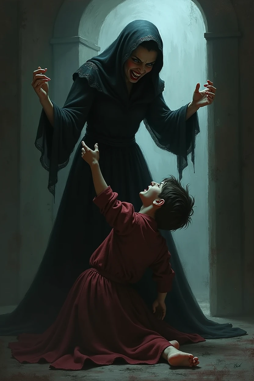 The evil stepmother beats her stepson.
