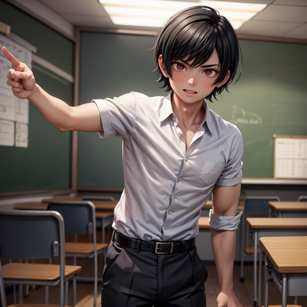 A hot male teacher with black short hair inside a classroom with a crazy look in his face and red eyes
