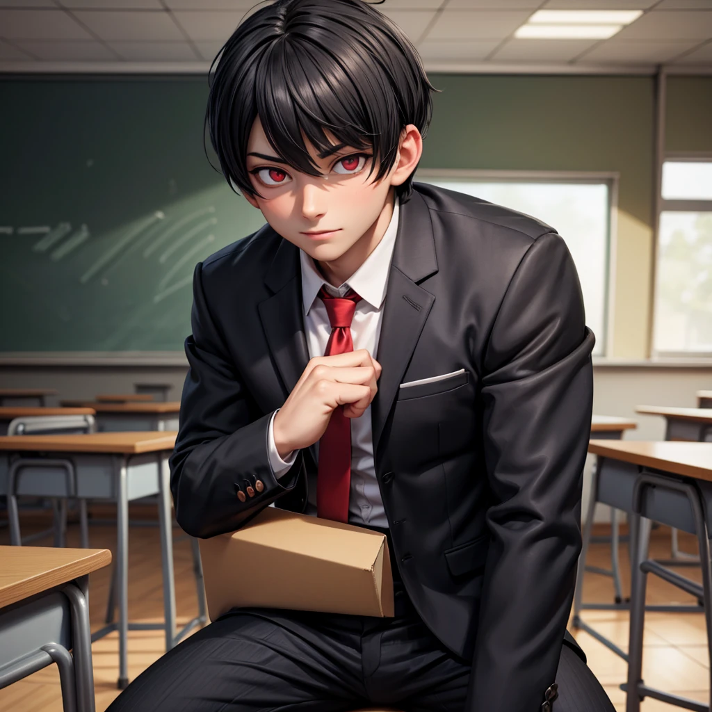 A hot male teacher with black short hair inside a classroom with a crazy look in his face and red eyes