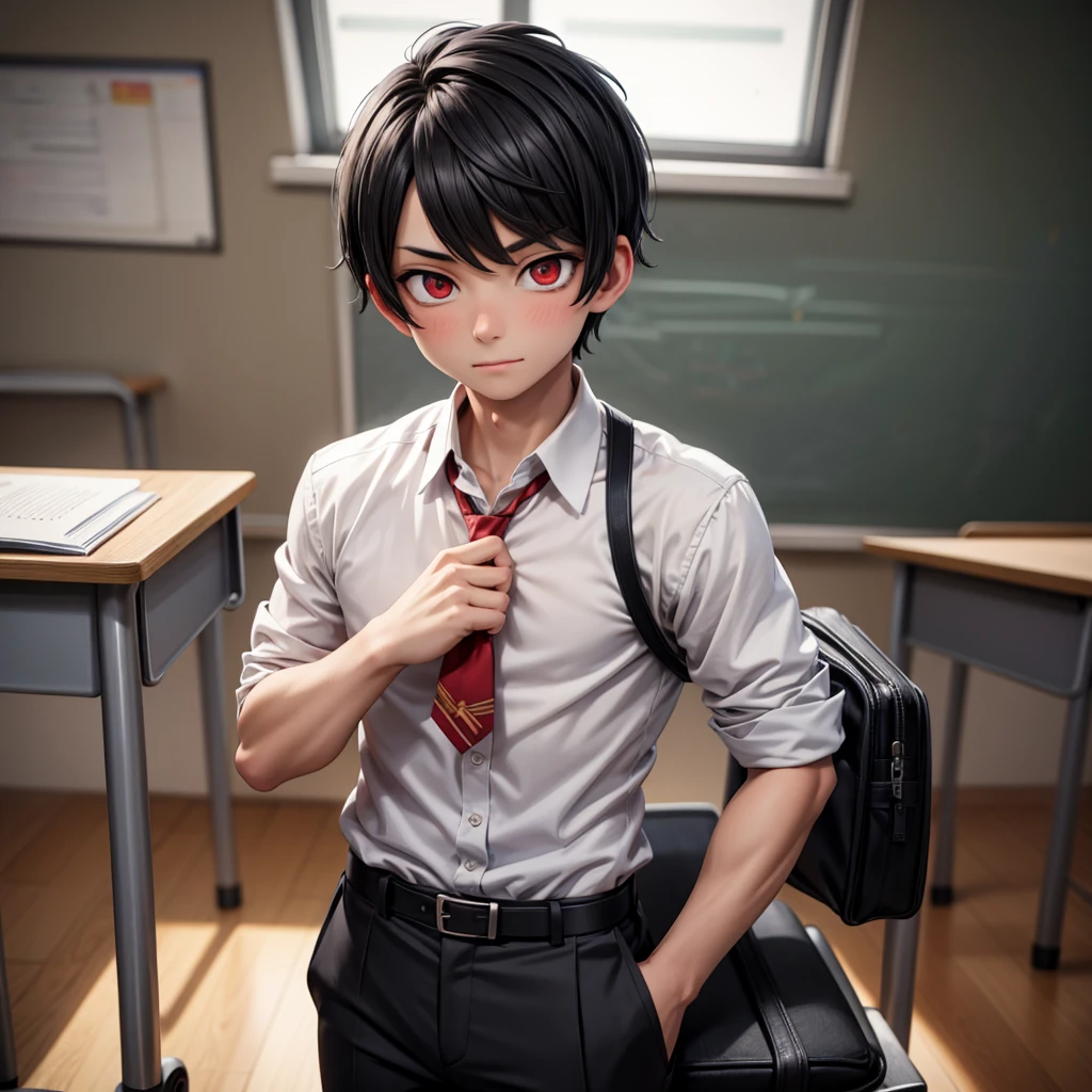 A hot male teacher with black short hair inside a classroom with a crazy look in his face and red eyes
