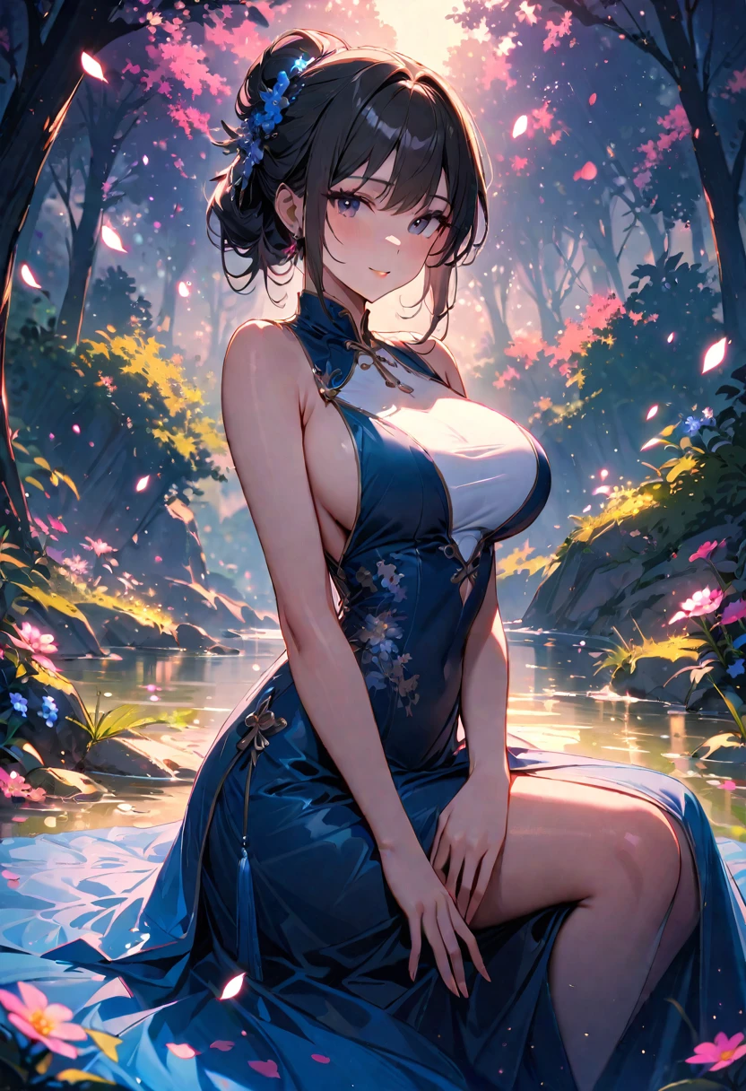 (best quality,4k,8k,highres,masterpiece:1.2),ultra-detailed,beautiful girl,big breasts,mature,tall body, close shot,seductive body,Chinese style dress, lazily lying on a flat rock full of flower, flying petals, seductive pose,colorful,magical forest,light particles sparkling,night,atmospheric,enchanted,ethereal lighting,pure beauty,dreamy,serene,tranquil,mystical,alluring,mysterious,feminine,charming presence,dark hair,gentle smile,graceful posture,peaceful aura,radiant,beauty in nature