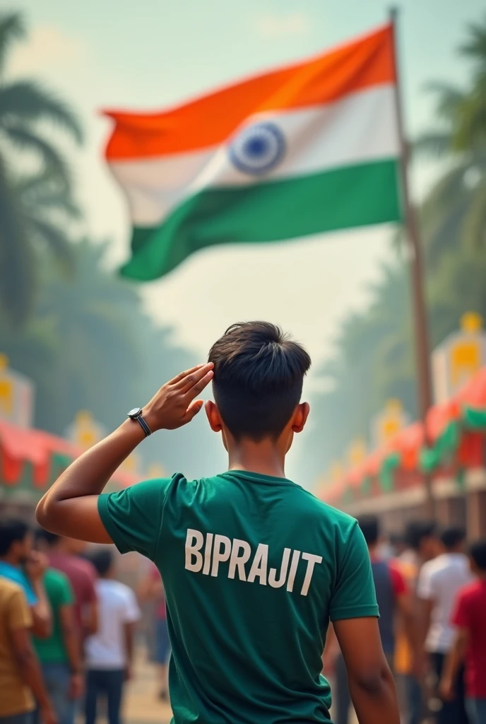 Create a whatsapp dp of a 19 years teen wearing a t-shirt of name Biprajit and saluting indian flag at independence day and he is showing his back side