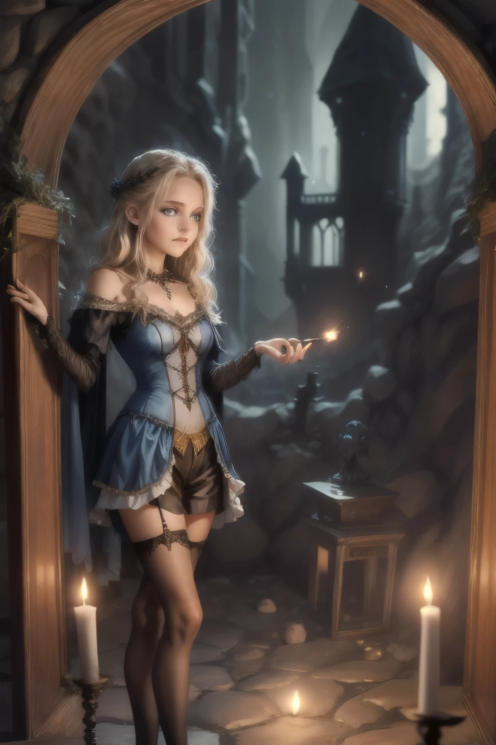 illustration of 15 years old Virginia Otis blonde hair blue eyes youngest cute face, from the Canterville Ghost, furtively observing a group of followers of the Goddess Freia who are celebrating a forbidden ritual inside a mysterious cave. We are sure that only a talented artist like you will be able to capture the essence of this magical and mysterious encounter. Your drawing will be fundamental for the creation of a unique publication, which combines the gothic atmosphere and the charm of the supernatural. Remember to add evocative details, such as candle flames dancing in the dark, shadows moving ominously along the rock walls. Highlight the aura of mystery and emotion that this forbidden encounter evokes.