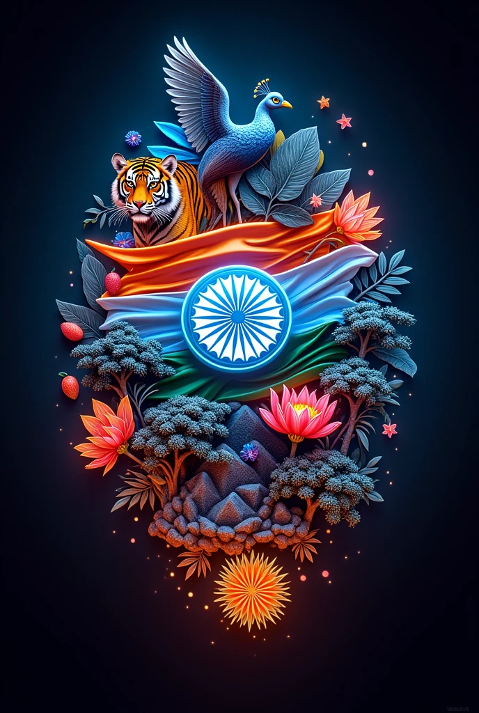 A logo with the combination of Center neon indian national flag, royal bengal tiger, peacock, ganga river, lotus flower,banayan tree, mango, himalaya mountain and name written under it as SIDHARTHA