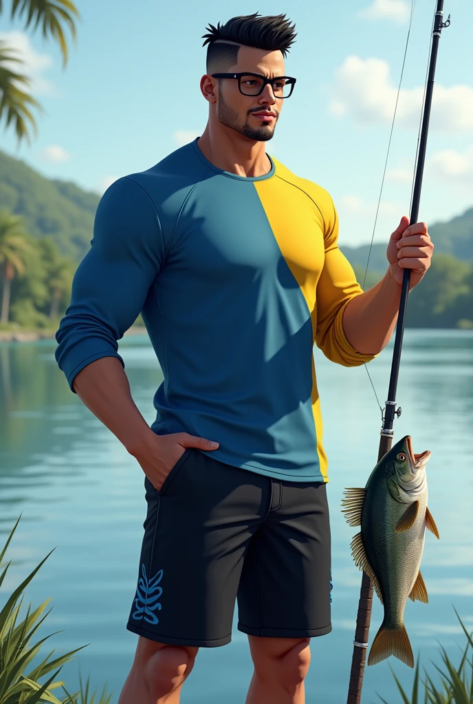 Tall man , brazileiro, military cut black hair,  long-sleeved blouse in blue and yellow, black Bermuda shorts with blue details on the sides, holding a fishing rod in one hand and a lake in the background, holding a fish in the right hand and the rod in the left hand, He wears black eyeglasses