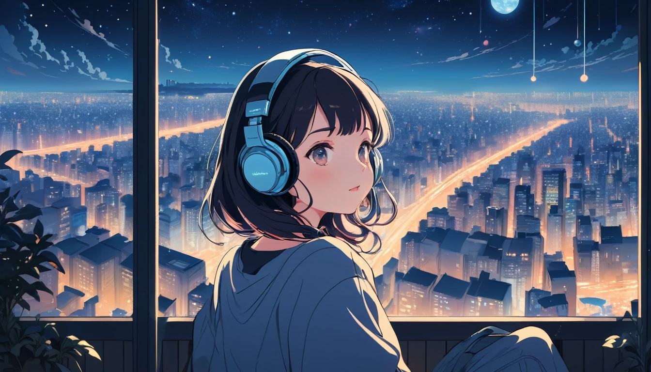 A woman wearing headphones, City of night、Wide-angle lens, Lofi Anime, Lofi illustration, Aesthetic atmosphere, Lo-Fi Style, Vector art, Flat Design, Simple shape, Warm tones, Pleasant atmosphere, Chill, In anime style, Digital drawing, Vector art, Vector logo for t-shirt printing, (Adorable:1.5), (small:1.4), (Playful:1.2), (soft:1.3), (Whimsical:1.1), masterpiece, Highest quality, 8k, Intricate details, grow, Celestial, Mysterious, Picturesque, amazing, Majestic, Magic, Fantasy art, Cover art, dream-like