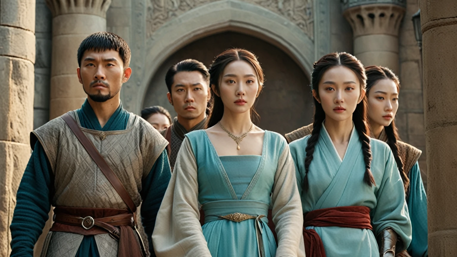 A hyper-realistic, 16K movie poster-style image set in a medieval fantasy world. It features three women and three men with Asian features, temporarily allied and facing a distant, defiant male adversary. The characters’ upper bodies are detailed, while their lower bodies subtly fade into the background. The men wear glasses and mostly have short hair, with varied clothing styles to reflect individuality. The color scheme is dominated by Tiffany blue, creating an elegant and intense atmosphere, with cinematic lighting that emphasizes the alliance and the epic nature of the impending conflict.