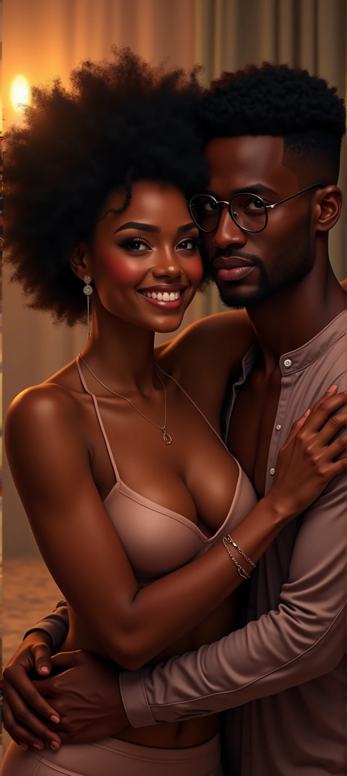 (((Black couple smile))), (((With the hand below the waist))), Black couple masterpiece, Thin summer breasts for black couple without marks, White panties with white lace, Smooth black thighs, Black woman, Black man without underwear 1:1, Black woman with her hand on the buttock of the black man without clothes, Hyperrealistic, 8K, Black couple masterpiece, Slim Summer for Black Couple Unmarked, Slim Black Abdomen, White Panties with White Lace, Smooth Thighs, Full Body Black Portrait, ((Perfect Face)), Highly Detailed, Volumetric Lighting, Digital Painting, Intense, Sharp, Focus, (Dark Skin: 1.3), Athletic Body, (Portrait, Perfect Rendered Face, Perfect Black Face Details, Medium Shot, Realistic Black Face, Realistic Photo, Realistic Style, Masterpiece, Best Quality), ((High Resolution Details, Cinematic Lighting, (((Realism))) --auto --s2