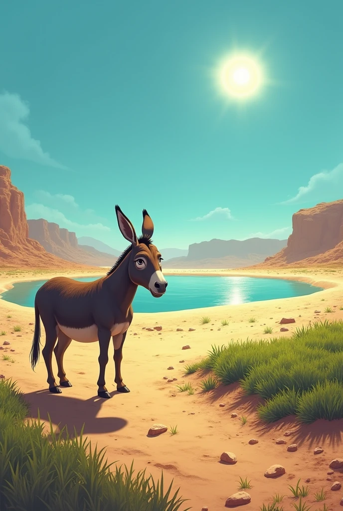 A donkey enters a field of grass and a lake in the desert with a very scorching sun unable to make a decision and anxious distance of at least 3 meters between the donkey and the lake and 10 meters between the grass and the lake.