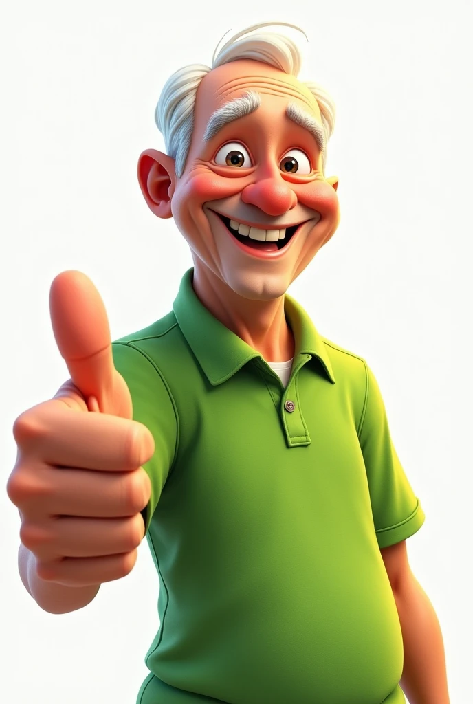 70-year-old man, offwhite, with a triangular face, smiling and bald. wearing a green polo shirt. giving a thumbs up for the photo. Art in the Disney Pixar style