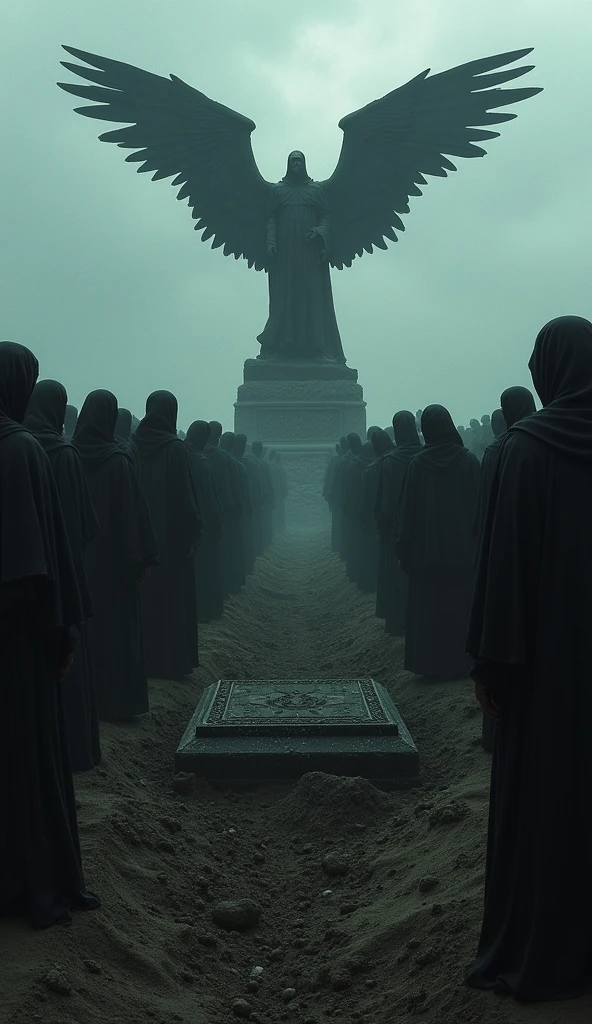 A chilling image of a funeral procession, with mourners gathered around a fresh grave. In the distance, the Black Angel statue can be seen, almost as if it is watching over the scene with a grim satisfaction.