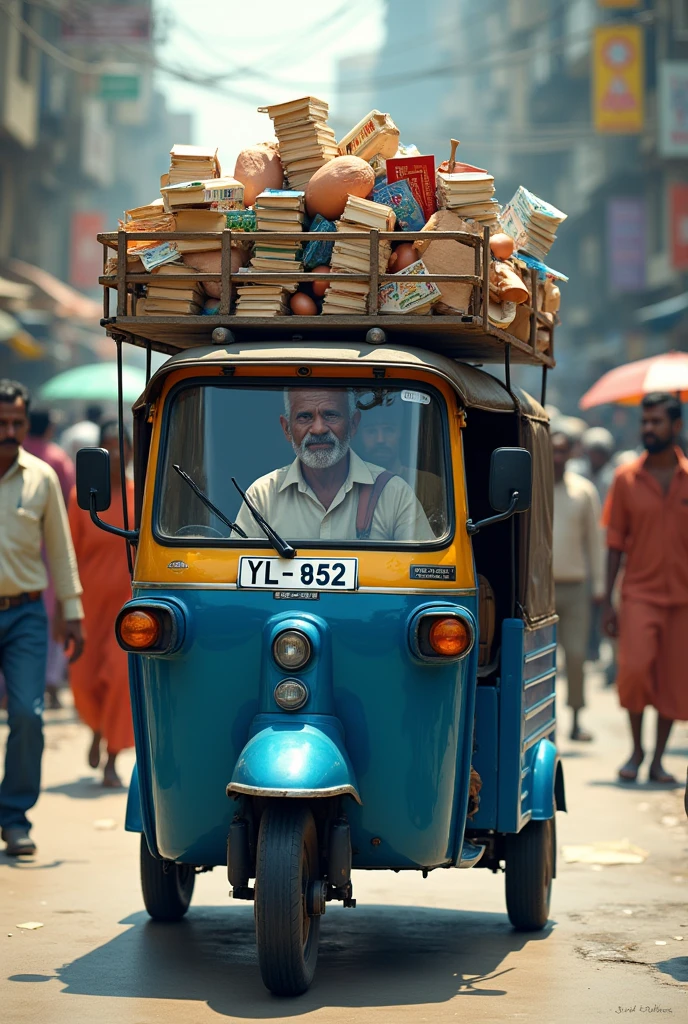 Blue auto three wheeler with number plate YL-8952 carrying books,eggs and condom packets with 30 years aged man