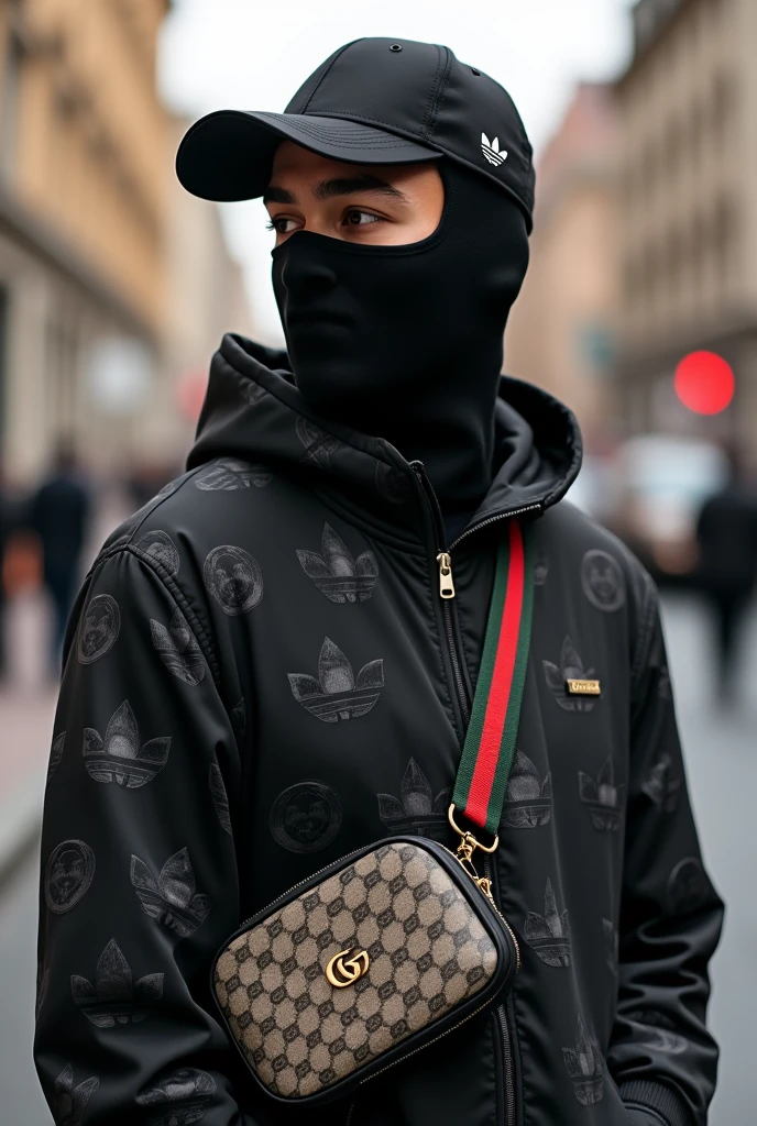 Take a profile-type photo of me,of a guy, a portrait-type photo,the boy flesh-colored skin,with a black adidas printed jacket closed hoodie style jacket full face visor type balaclava,black cap with the visor tilted back bandit style and a Gucci-style crossbody bag with a green and red strap ,and some luxury gold-rimmed black square Cartier-style sunglasses,with a street background the boy's face is square and he has a balaclava covering his entire face except for his eyes, the boy is looking to the side,that their body is wider